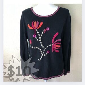 Hearts of Palm Abstract Floral Sweater L Black Pink White